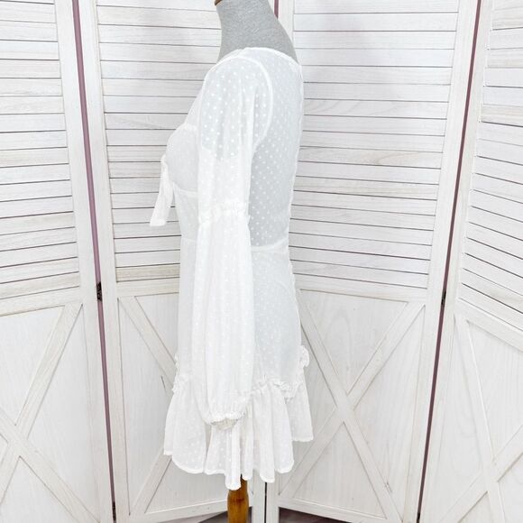 Hello Molly Clip Polka Dot Chiffon Mini Dress White Small Bishop Sleeve - Picture 3 of 13